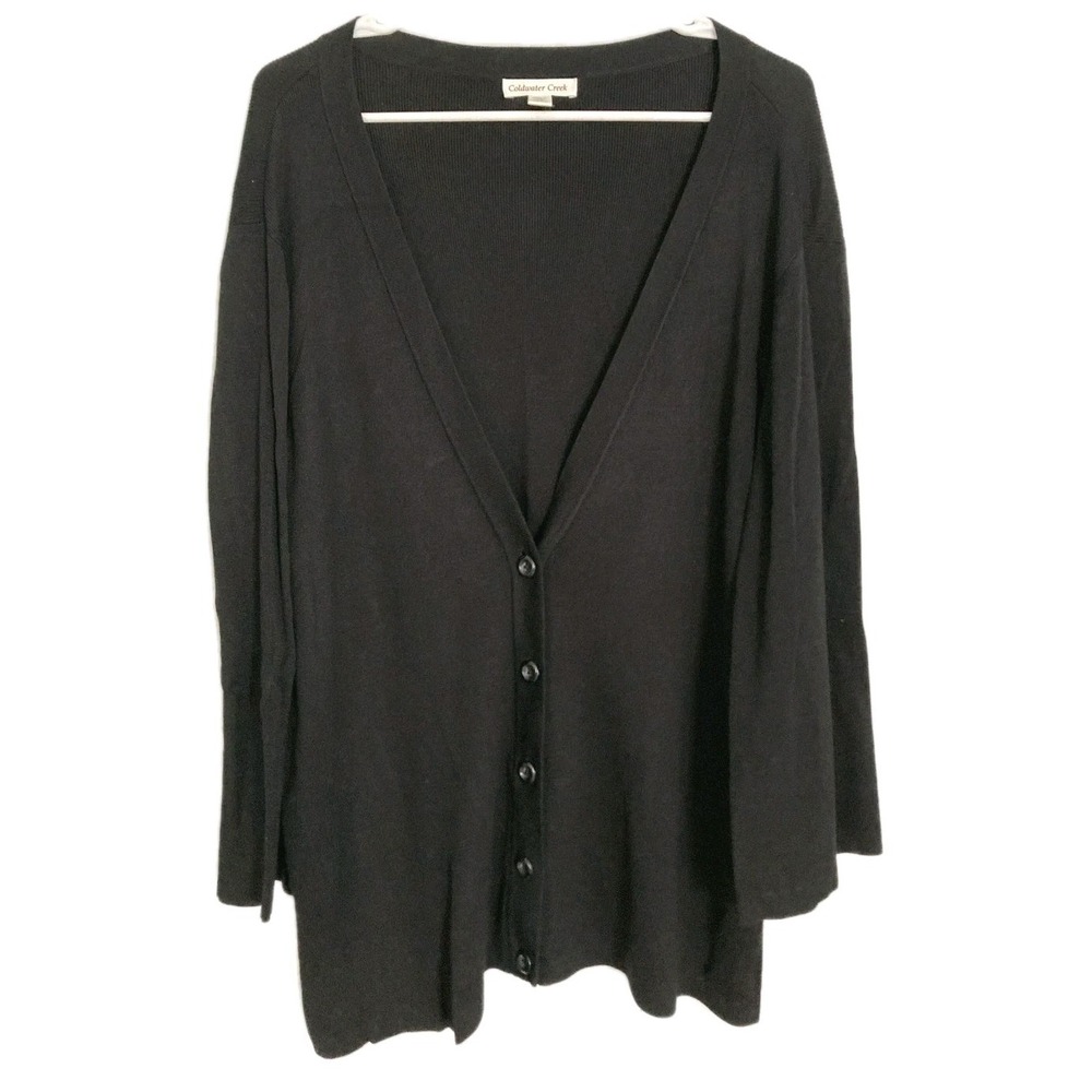 Coldwater Creek Button Cardigan Sweater Women 2X Blk Silk Blend Vneck 3/4 Sleeve